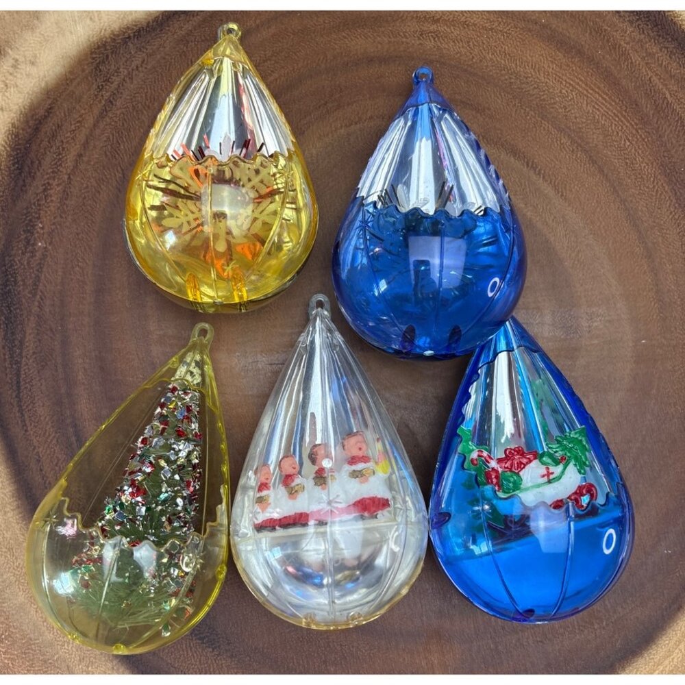 Set of 5 Vintage Jewel Brite Teardrop Unbreakable Christmas Ornaments 1970s